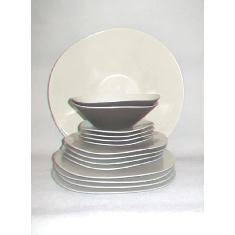 Vintage 90s Era Umbra Melamine Ivory Brown Asymmetrical Dinnerware Set of 12